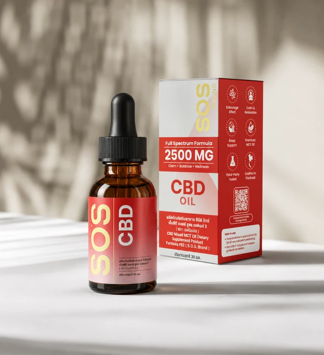 SOS Full Spectrum 2,500 mg bottle and box