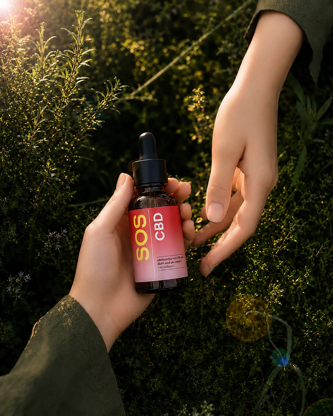 SOS CBD bottle held outdoors in Thailand